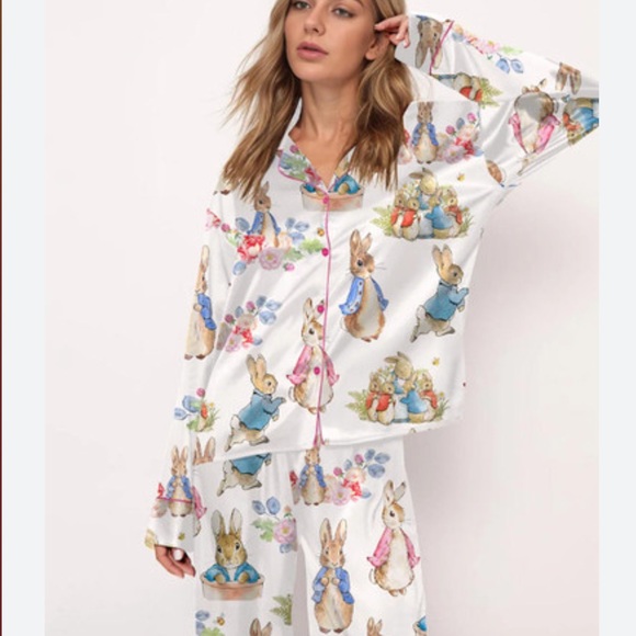 Sheshow Other - SHESHOW Satin Pajamas Set 2 piece Charming Bunny Print Button Down Size Small